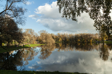 Small lake autumn park landscape with bright trees