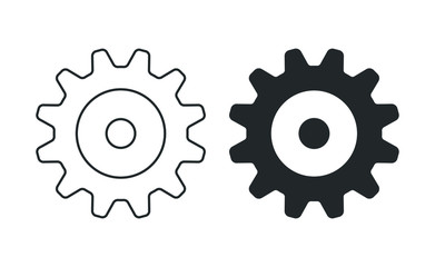 Cogwheel icon. Sprocket wheel logo. Settings button sign. Mechanic gears symbol. Black silhouette isolated on white background. Vector illustration image.