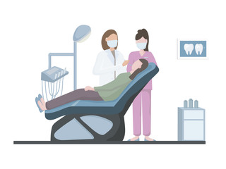  The dentist treats and examines the person. In the dentist's office, on a special medical chair and instruments.Medical personnel of the hospital. doctor and patient. banner for the dental clinic