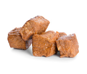 Tasty stewed beef on white background