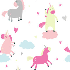 Children's pattern with unicorns, clouds, stars, hearts. Vector seamless pattern for children. For wallpaper, textiles, fabric, paper.