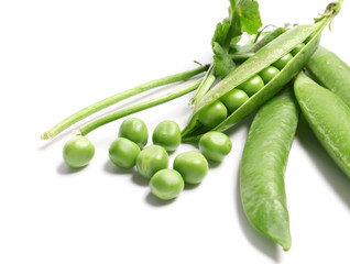 Tasty fresh peas on white background