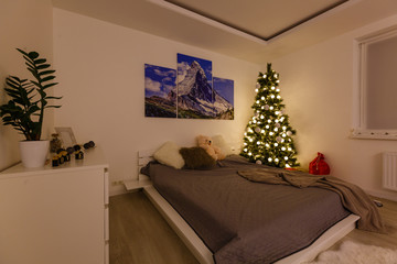 Illuminated Christmas tree decorated in modern living room