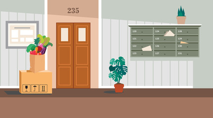 Vector residential corridor with window, door and stairs. Interior of the 1st floor. Vector illustration of the interior of a room corridor or hallway for background, print, web. © Hannet