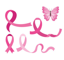 set of pink ribbons with butterfly on white background vector illustration design