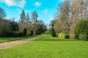 Fototapeta na wymiar The gardens, lawn and pathway of a country park estate in England with green grass and hedges
