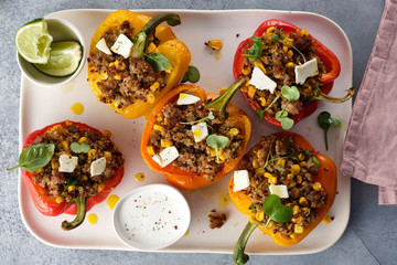 Stuffed pepper with quinoa and meat. Top view.