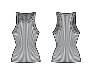 Ribbed racer-back cotton-jersey tank technical fashion illustration with wide scoop neck, fitted knit body, tunic length. Flat camisole template front back grey color. Women men unisex shirt top CAD