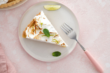 Homemade baked lemon tart cake with meringue cream. Copy space.