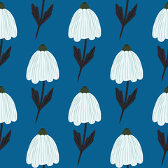 Obraz premium Chamomile buds in white and black colors seamless pattern. Simple doodle elements on bright navy blue background.