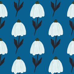 Chamomile buds in white and black colors seamless pattern. Simple doodle elements on bright navy blue background.