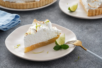 Homemade baked lemon tart cake with meringue cream. Copy space.