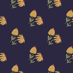 Yellow pale little flower silhouettes seamless pattern. Dark navy blue background. Minimalistic design.