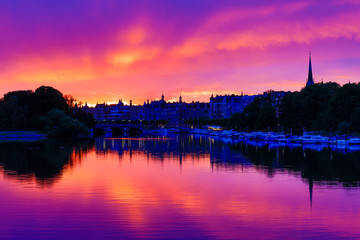 Fototapeta na wymiar Stockholm, Sweden A golden sunset over Strandvägen.