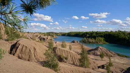 Beautiful landscape with Romantsevskiye mountains, rocks and lakes near to the Konduki village in Tula Region in Russia.