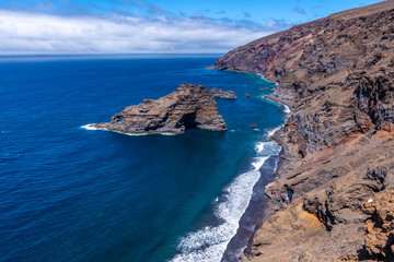 The beautiful black sand beach of Bujaren from above in the north of La Palma, Canary Islands. Spain