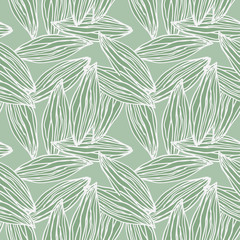 Random pale green leaf abstract outline seamless pattern. Light contoured botanic ornament.