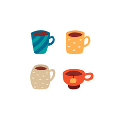 Set of mugs with coffee and tea. Cartoon vector