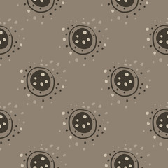 Simple planet ornament seamless doodle patern. Brown cosmic elements on beige background and dots.