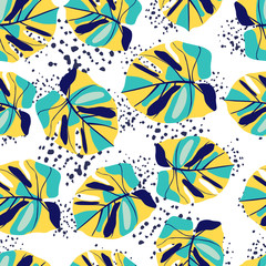 Random summer seamless monstera pattern. Yellow and turquoise tropic leaves on white background with splashes.