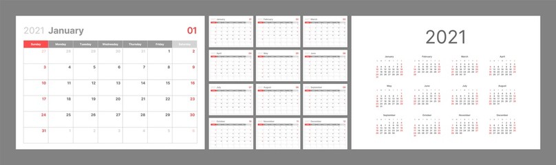 Wall calendar template for 2021 year. Planner diary in a minimalist style. Week Starts on Sunday. Monthly calendar ready for print.