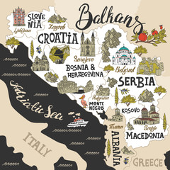 Cartoon map of Balkans. Travel and attractions of Eastern Europe - obrazy, fototapety, plakaty