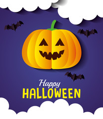 happy halloween banner, with pumpkin, clouds and bats flying in paper cut style vector illustration design