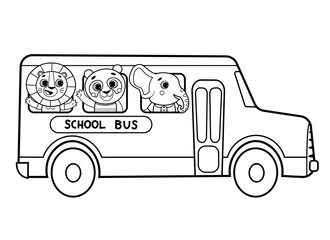 Coloring page outline of cartoon school bus with animals. Vector image on white background. Coloring book of transport for kids