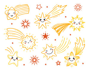 Fototapeta na wymiar Vector Set of Little Cute Falling Stars. Hand Drawn Doodle Different Shooting Star Icons. Cartoon Comets Collection for Holiday or Birthday Party Design. Kawaii Characters 