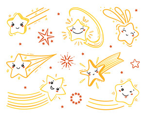 Vector Set of Little Cute Falling Stars. Hand Drawn Doodle Different Shooting Star Icons. Cartoon Comets Collection for Holiday or Birthday Party Design. Kawaii Characters
