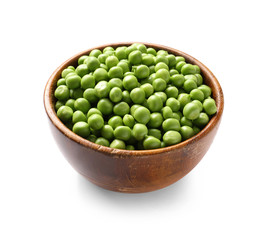 Bowl with tasty fresh peas on white background