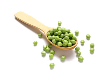 Spoon with tasty fresh peas on white background