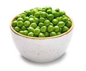 Bowl with tasty fresh peas on white background