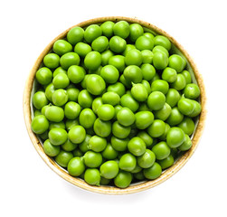 Bowl with tasty fresh peas on white background