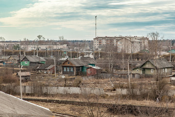 Fototapeta na wymiar Russian townscape with railroad wagon