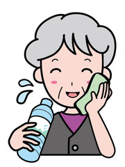 真夏の外出中、水分補給をするおばあさん（上半身）