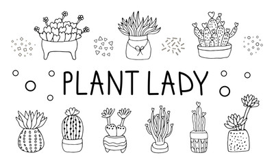 cacti  set. Cactus cacti succulents houseplant.Cactus plants set.  House plants. Potted plants collection. Trendy home decor with plants, planters, cacti,  plant lady hand drawn print for postcard.