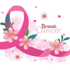 pink ribbon, symbol of world breast cancer awareness month in october, with hearts, flowers and leaves decoration vector illustration design