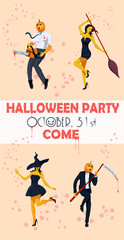 Elegantly dressed in evening dress, pumpkin jack o lantern and adorable witches dance in variable poses. All Saints Eve concept banner. Dancing young people header. Vector flat design illustration.