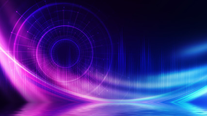 Abstract dark futuristic background. Neon light beams, circle laser shape are reflected from water. Background of empty stage show, beach party. 3d illustration