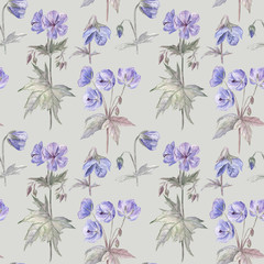 Seamless pattern with geranium flowers on a light green background. Botanical watercolor illustration. Perfect for wrapping paper, fabric and wallpaper.