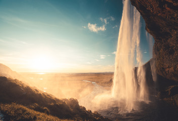 Seljalandsfoss waterfall at sunset, Iceland