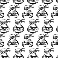 Vector seamless black and white abstract pattern of ornamental eyes in test tube