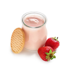 Jar of healthy strawberry yogurt and cookie on white background