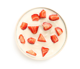 Bowl of strawberry yogurt on white background
