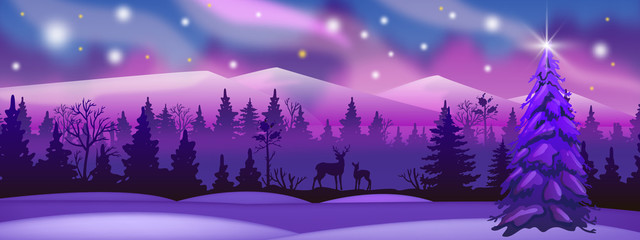 Winter landscape with pink and violet forest, deer silhouette, night sky. Alaska northern vector background with night, snow, mountains, aurora borealis, lights. Christmas, New Year winter landscape