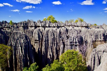 Panoramic view of particular rocks formations and pinnacles of Tsingy de Bemaraha National park in Madagascar