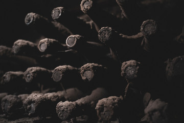 aged wine bottles covered with mold in vintage wine cellar