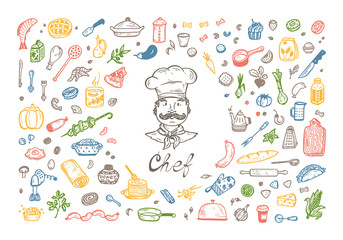 Cooking. Vector Set for menu decoration. Hand drawn doodle Chef, Food and Kitchen utensils
