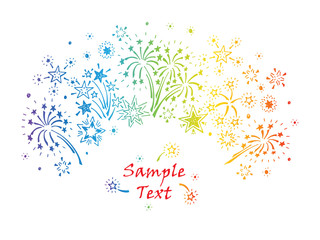 Celebration. Hand drawn doodle Rainbow Fireworks and Stars. Holiday card template - vector illustration
